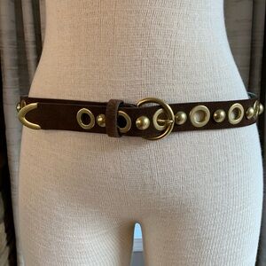 Cabi sz S brown suede belt with gold metal circle design